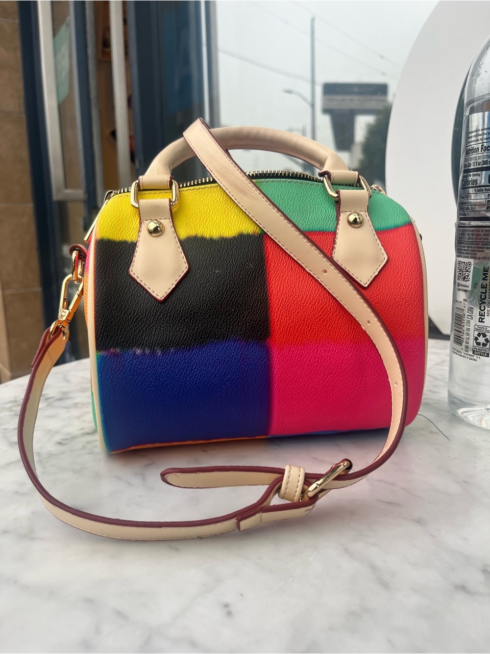 Multicolor Checker Dome Satchel Bag - Beige Trim
